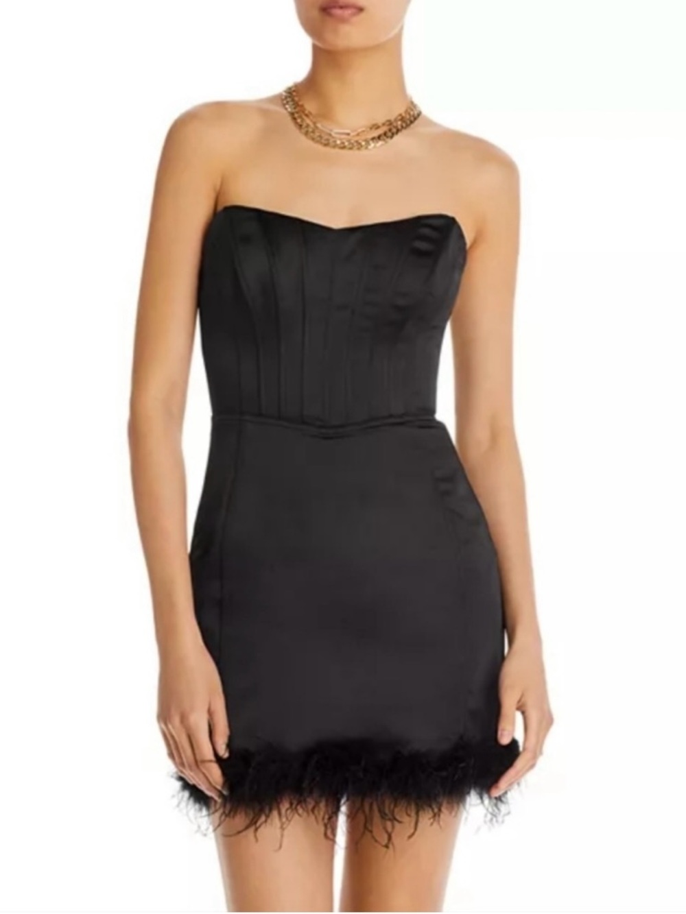 Aqua Black Strapless Satin Mini Dress with Feather Trim